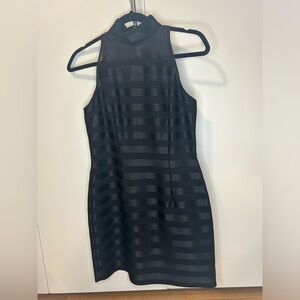 Carmen Marc Valvo black mini dress with stripes and halter top